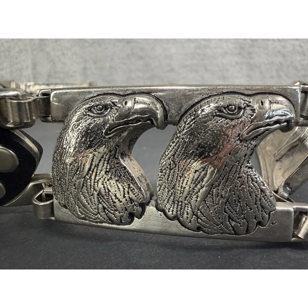 American Eagle Head Metal Link Leather Adjustable Belt #2304‎ Size Small